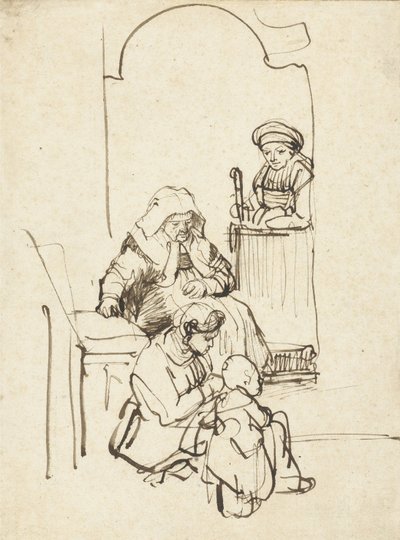 Drie vrouwen en een kind bij een deur, ca. 1645 door Rembrandt van Rijn